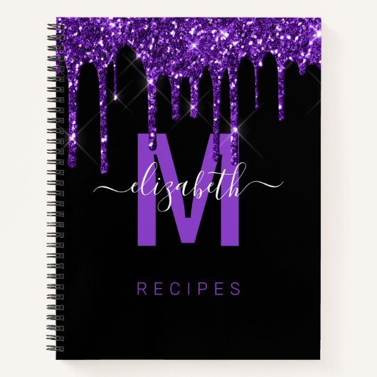 Digitale Paarse dripnaam Glitter Monogram Notitieboek (Voorkant)