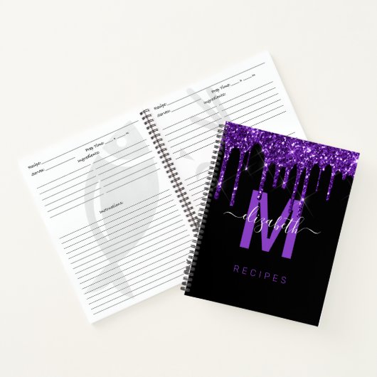 Digitale Paarse dripnaam Glitter Monogram Notitieboek (Binnen)