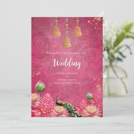 Digitale Peacock bruiloft uitnodiging Indiase brui (Staand voorkant)