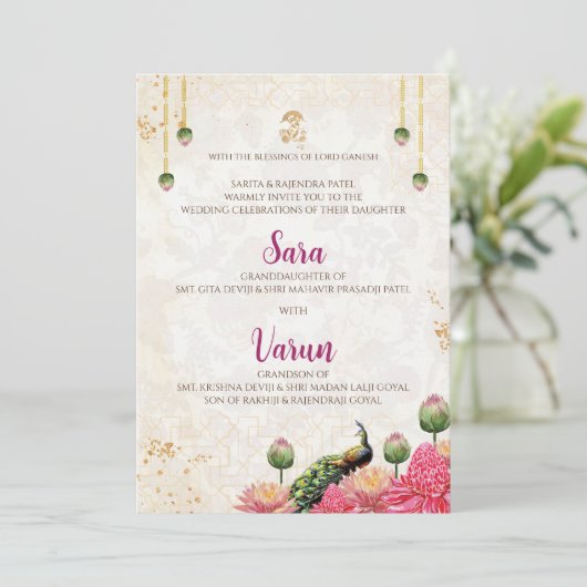 Digitale Peacock Trouwkaart Indiase trouwkaart Kaart (Staand voorkant)