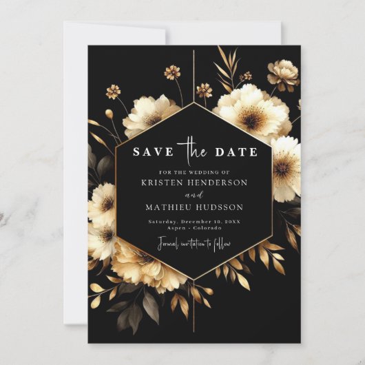 Digitale printbare gouden en zwarte bruiloft save the date (Voorkant)