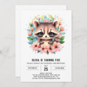 Digitale roze wasbeer meisje verjaardag kaart (Voorkant / Achterkant)