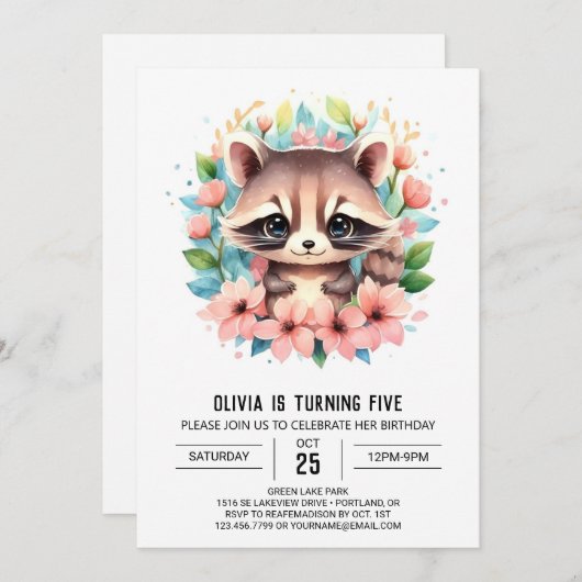 Digitale roze wasbeer meisje verjaardag kaart (Voorkant / Achterkant)