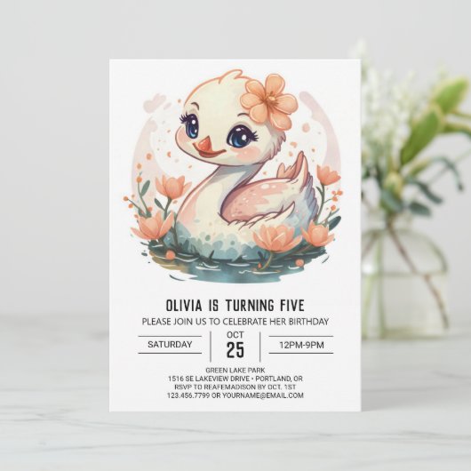 Digitale roze zwaan vogel verjaardag kaart (Staand voorkant)