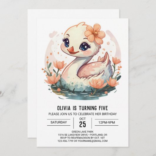 Digitale roze zwaan vogel verjaardag kaart (Voorkant / Achterkant)