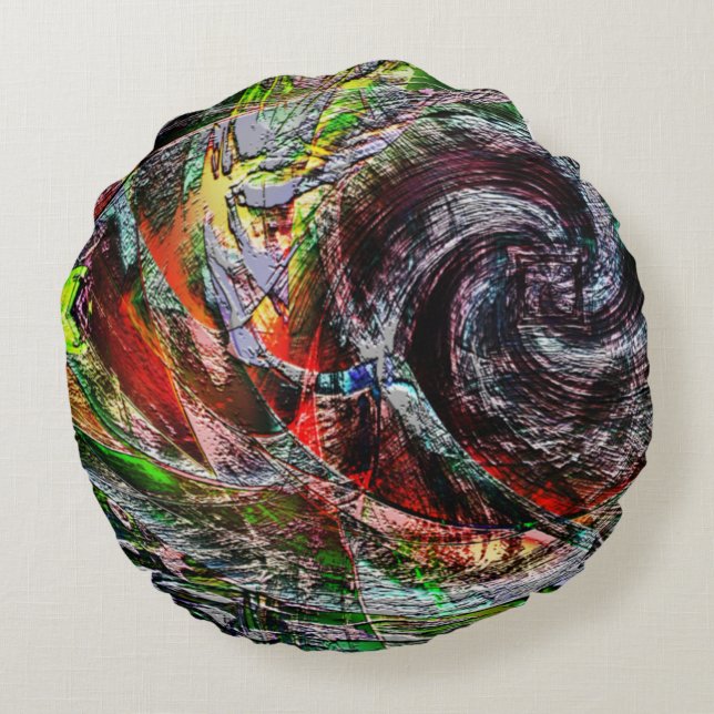 Digitale ruïnes textuur over rood tot geel verloop rond kussen (Achterkant)