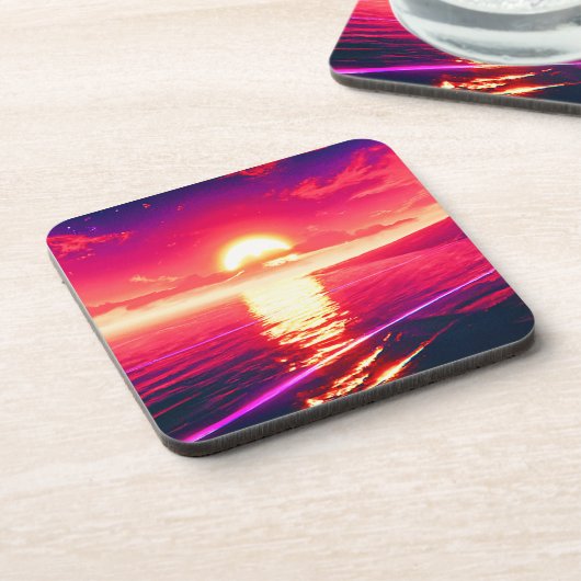 Digitale Synthwave Sunset Zee Reflectie Bier Onderzetter (Linkerzijde)