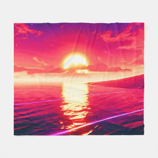 Digitale Synthwave Sunset Zee Reflectie Fleece Deken (Voorkant (Horizontaal))