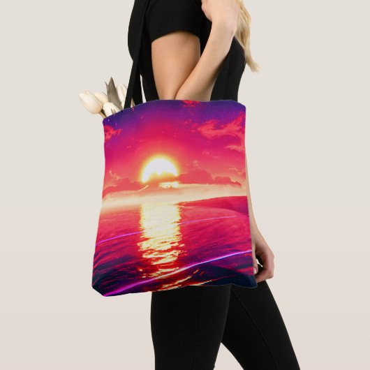 Digitale Synthwave Sunset Zee Reflectie Tote Bag (Dichtbij)