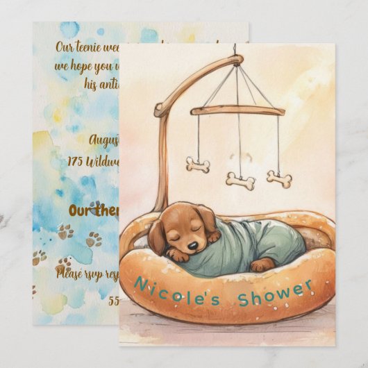 Digitale uitnodiging voor baby-dachshund douche (Voorkant / Achterkant)