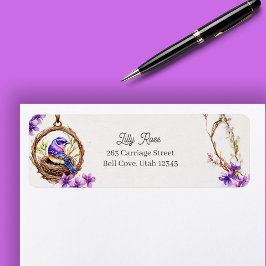 Digitale Waterverf Delicate Blue Bird in Nest Etiket