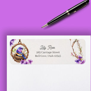 Digitale Waterverf Delicate Blue Bird in Nest Etiket