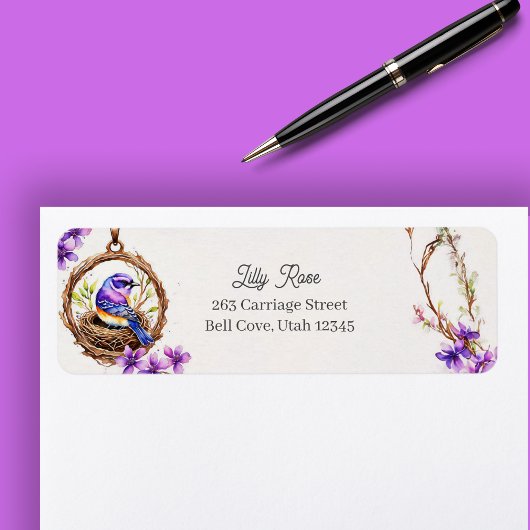 Digitale Waterverf Delicate Blue Bird in Nest Etiket