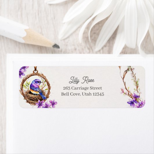 Digitale Waterverf Delicate Blue Bird in Nest Etiket (Insitu)