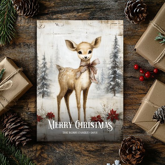 Digitale waterverf rood-wit kerstkaart met hert