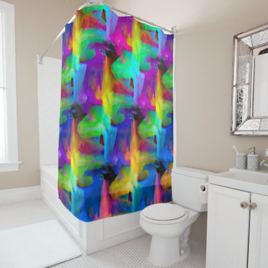 Digitale, zeer gekleurde streeksommen douchegordijn (In situ)