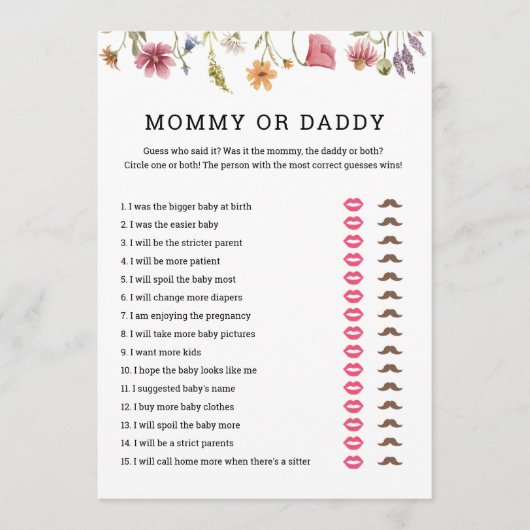 DigitalWildflower Baby shower Mammie of papa Game Kaart (Voorkant)