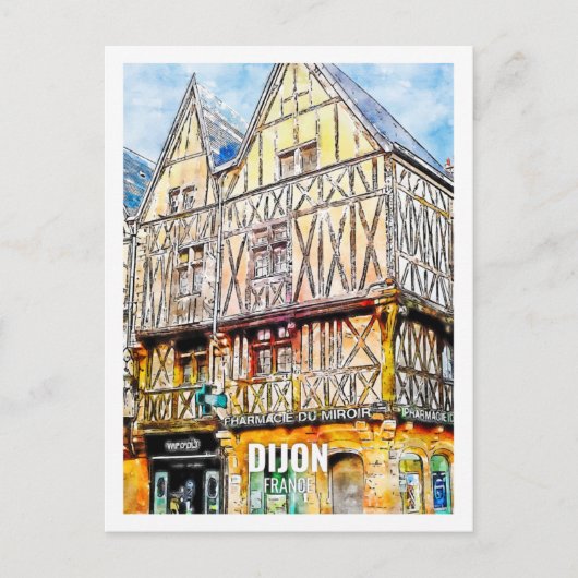 Dijon Frankrijk Beroemde Reisplaats Waterverf Briefkaart (Voorkant)
