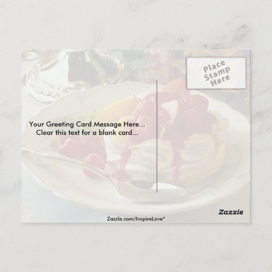 Dikke aardbei, frambozen, perzikcake briefkaart (Achterkant)