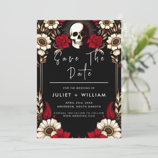 Dikke Claret Ruby Hart Rood Zwart Bruiloft Save The Date (Staand voorkant)