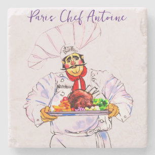 Dikke Franse Chef Antoine serveren op zilveren sch Stenen Onderzetter