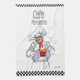 Dikke Franse Chef Caricatuur Zwart Wit Geruit Theedoek