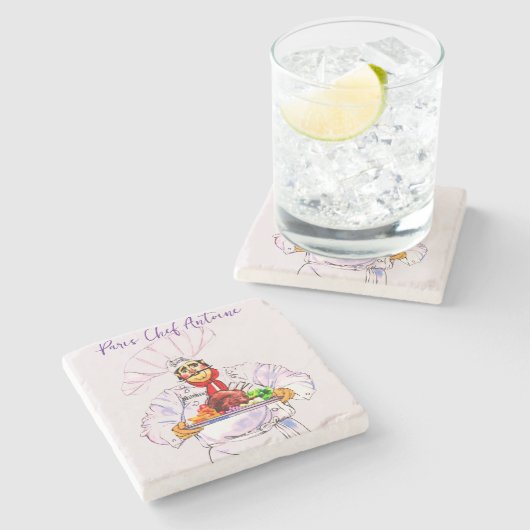 Dikke Franse chef-kok Antoine Serving op Zilveren  Stenen Onderzetter (Zijkant)