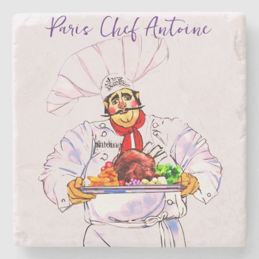 Dikke Franse chef-kok Antoine Serving op Zilveren  Stenen Onderzetter (Voorkant)