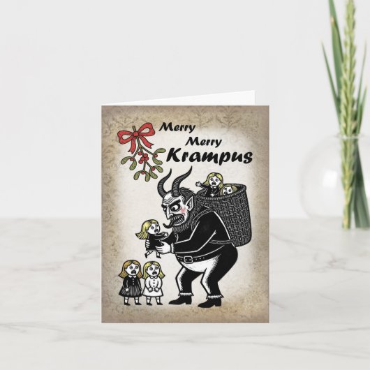 Dikke Krampus die Meisjes Grijpt Grappig Stout Ker Feestdagen Kaart (Voorkant)