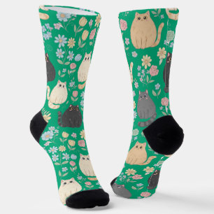 Dikke Moppige Katten en Pastelkleurige Bloemen Pat Sokken