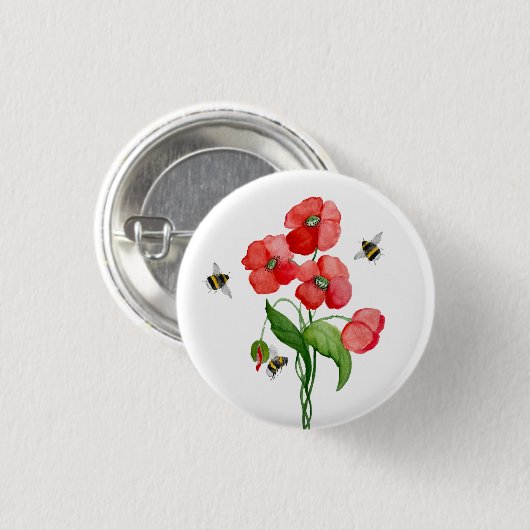 Dikke rode papaver en hommels ronde button 3,2 cm (Voorkant /achterkant)