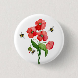 Dikke rode papaver en hommels ronde button 3,2 cm