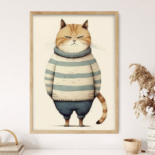 Dikke Sinaasappelkat in Blauwe Trui, Grappige Katt Poster
