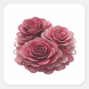 Dikke zilveren DRIE ROZE ROZEN MET WATERDROPPELS Vierkante Sticker