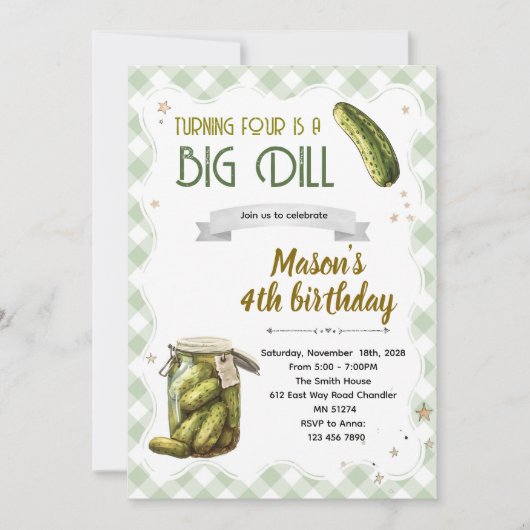 Dill-pickle verjaardagsfeestje voor jongen uitnodi kaart (Voorkant)