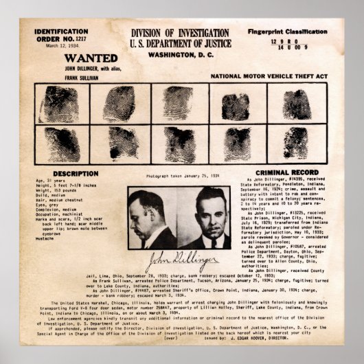 DILLINGER FINGERPRINT CLASSIFICATION CARD 1934 POSTER (Voorkant)