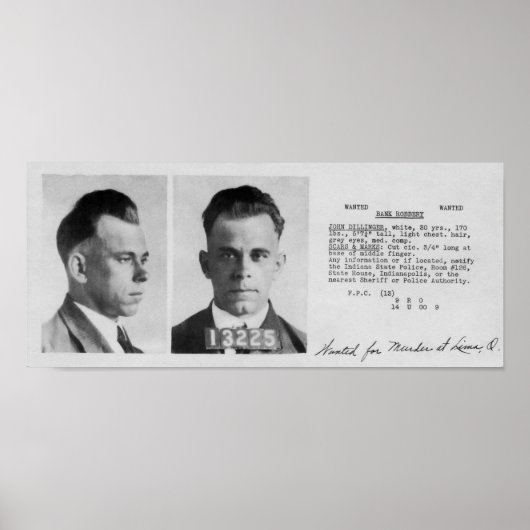 DILLINGER WANTED DOCUMENT 1933 POSTER (Voorkant)