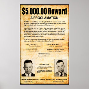 DILLINGER WANTED PROCLAMATION - MEI 1934 POSTER