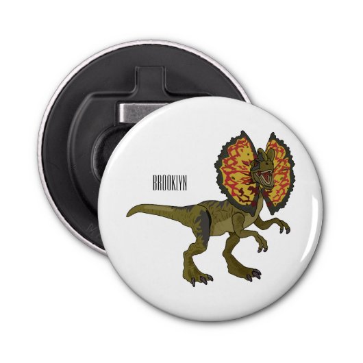 Dilophosaurus cartoon illustratie button flesopener (Voorkant)