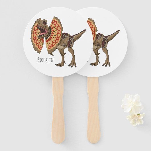 Dilophosaurus cartoon illustratie handwaaier (Voorkant en achterkant)