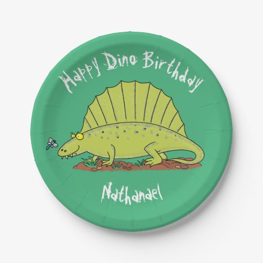 Dimetrodon happy green dinosaur cartoon papieren bordje (Voorkant)