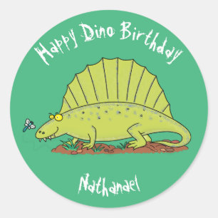 Dimetrodon happy green dinosaur cartoon ronde sticker