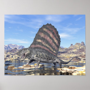 Dimetrodon staat in een vijver in de woestijn poster