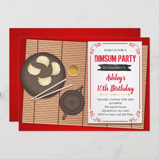Dimsum verjaardagsfeestje uitnodiging (Voorkant / Achterkant)