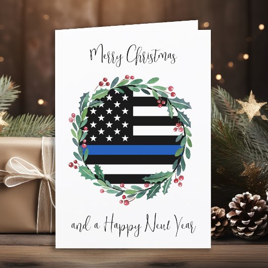 Din Blue Line Flag Kerstmis Wreate van politie Feestdagen Kaart