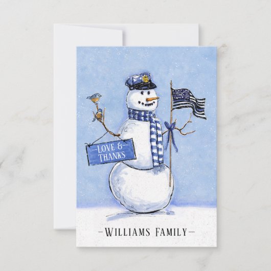 Din Blue Line Flag Snowman Holiday Bedankkaart (Voorkant)