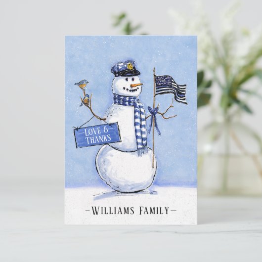 Din Blue Line Flag Snowman Holiday Bedankkaart (Staand voorkant)