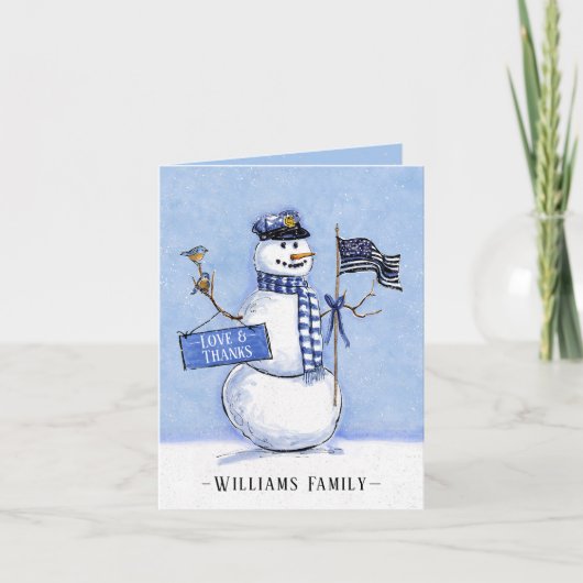 Din Blue Line Flag Snowman Holiday Bedankkaart (Voorkant)