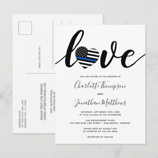Din Blue Line Heart Weddenschap van politie Aankondigingskaart (Voorkant / Achterkant)