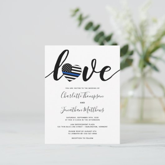 Din Blue Line Heart Weddenschap van politie Aankondigingskaart (Staand voorkant)